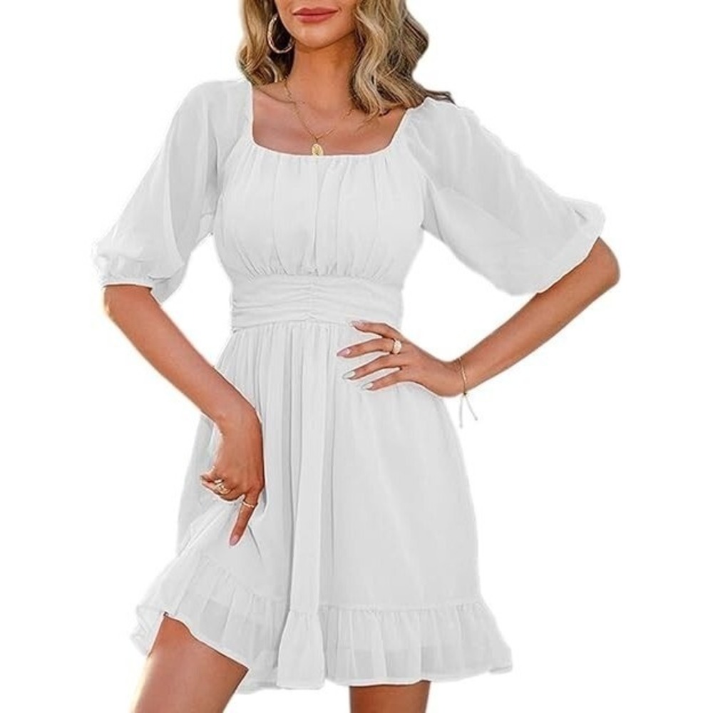 New Style Womens L White Boho Peasant Mini Dress Puff Sleeve Tie Back NWT